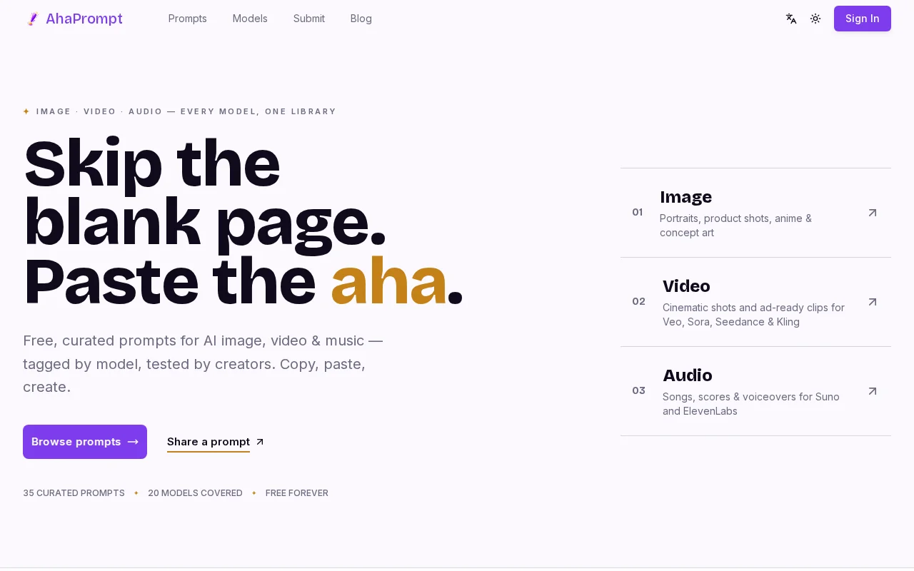 Free, curated prompts for AI image, video and music
