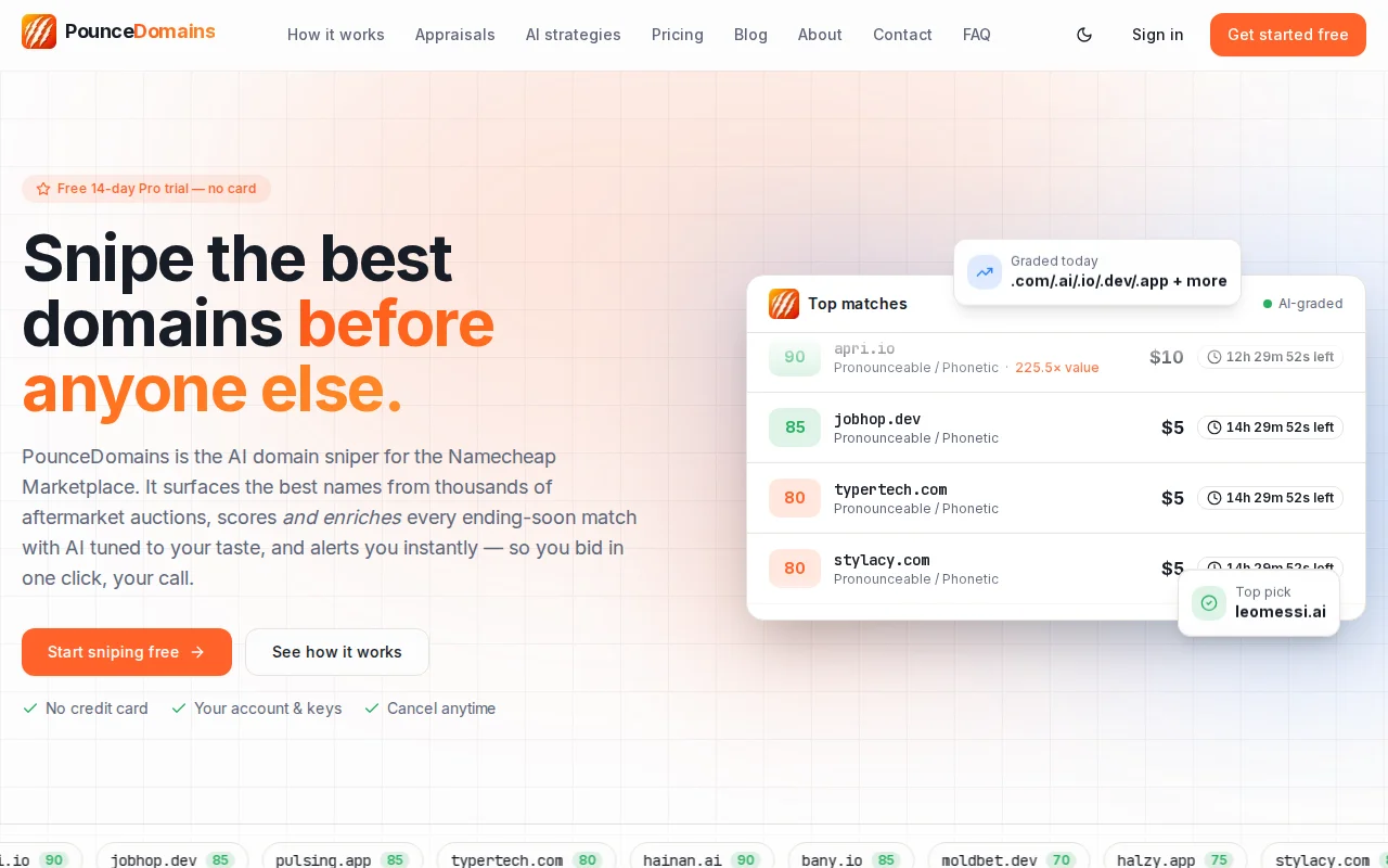 PounceDomains – Domain discovery and sniping for Namecheap Marketplace