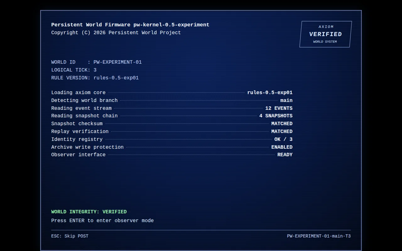 A BIOS-style terminal for observing a deterministic persistent world