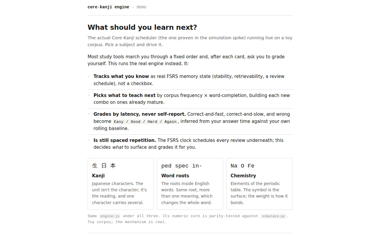 Core Kanji, an SRS with no self-grading that picks what to study next