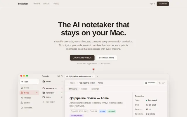threadfork – AI meeting notes that run on your Mac