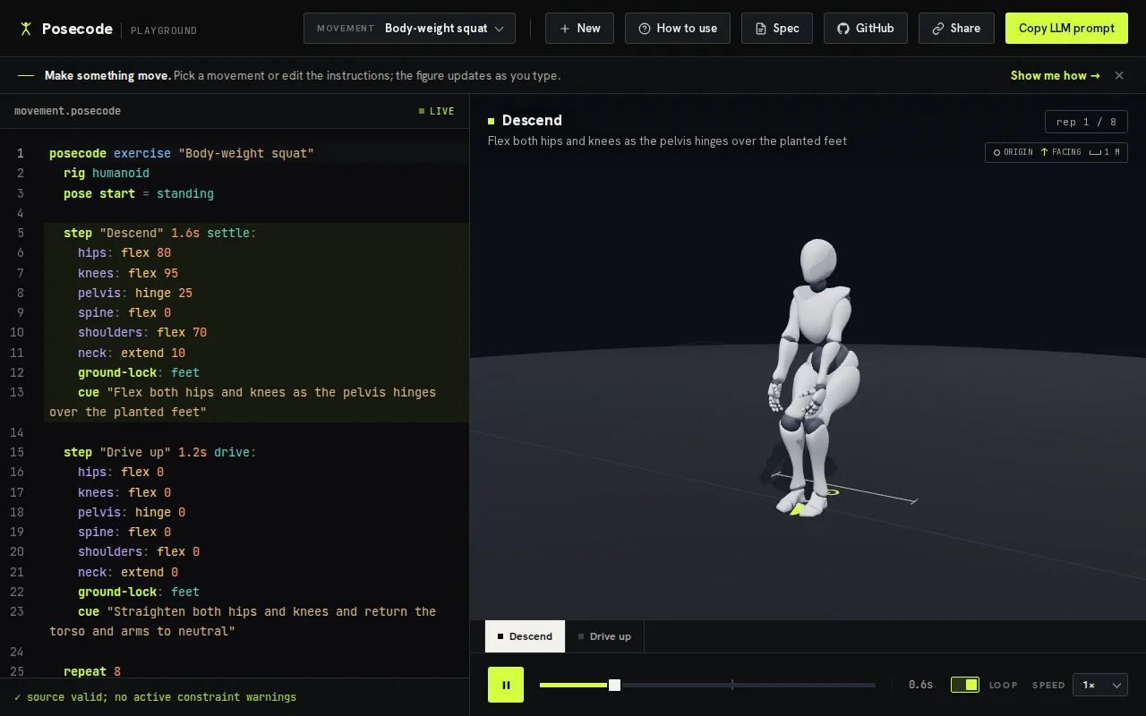 Posecode, a text language and renderer for human movement