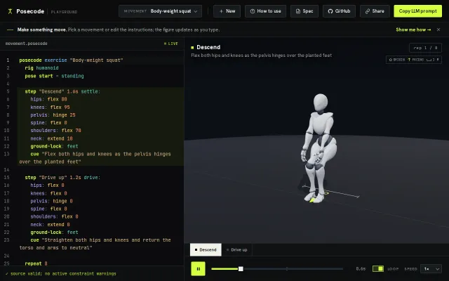 Posecode, a text language and renderer for human movement