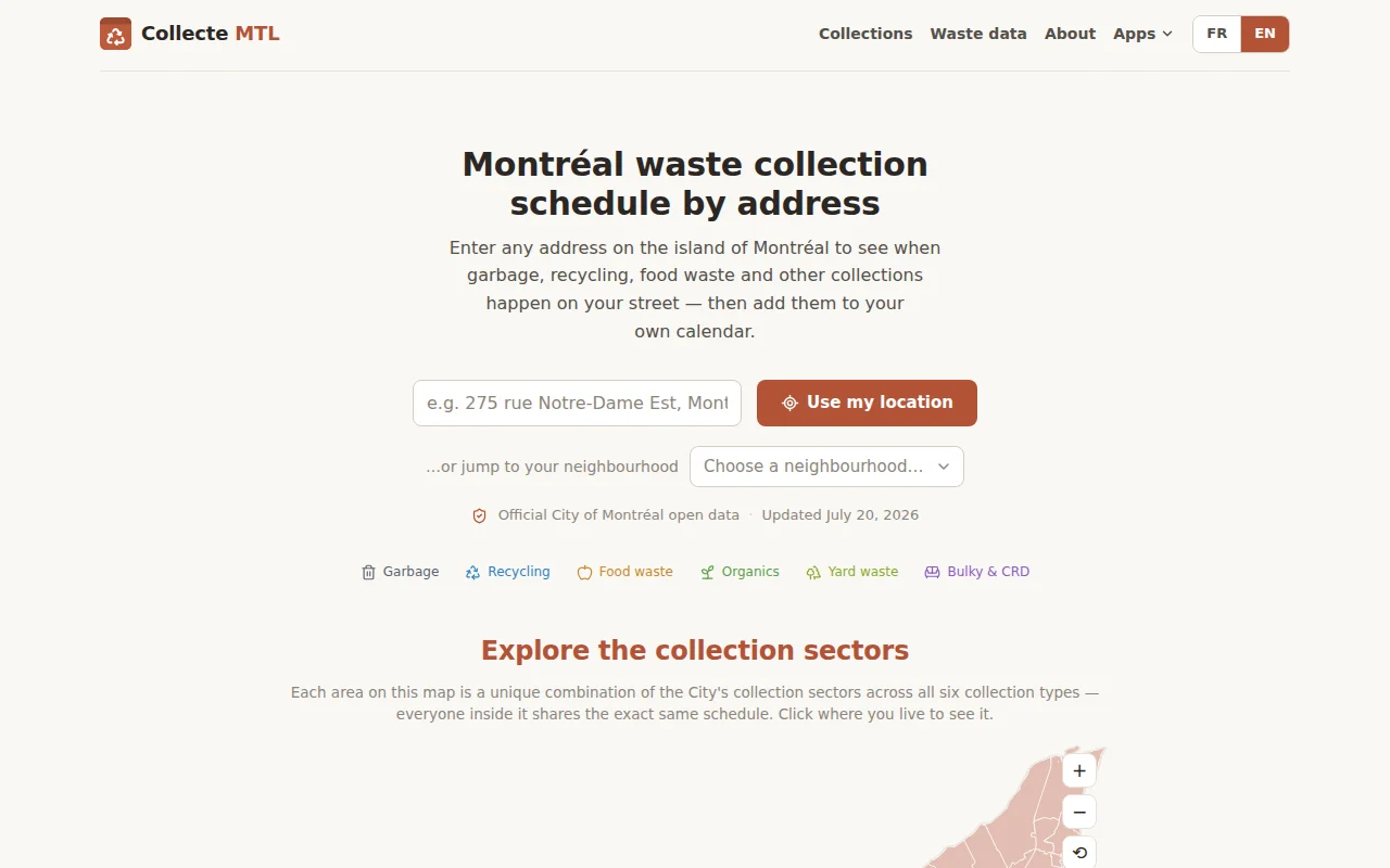 Collecte MTL – niche web app to know Montreal waste collection schedule