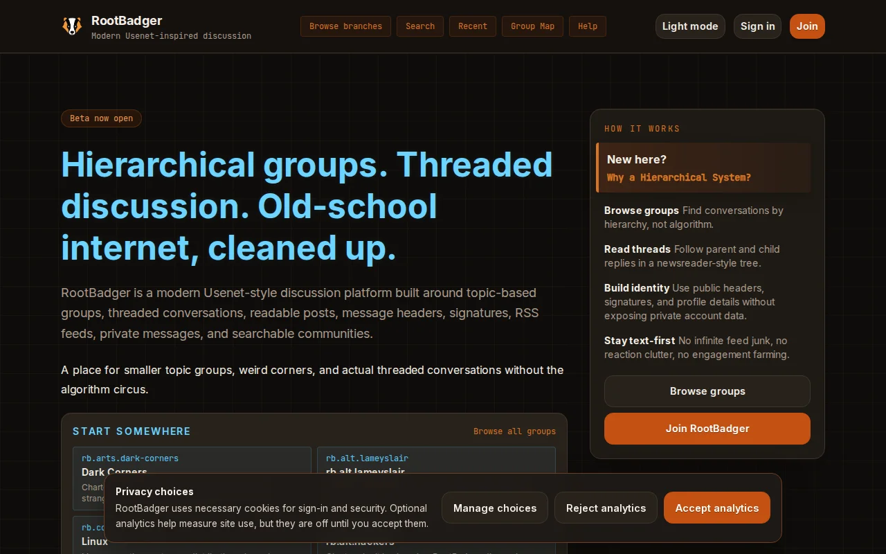 RootBadger – a modern Usenet-style discussion platfor