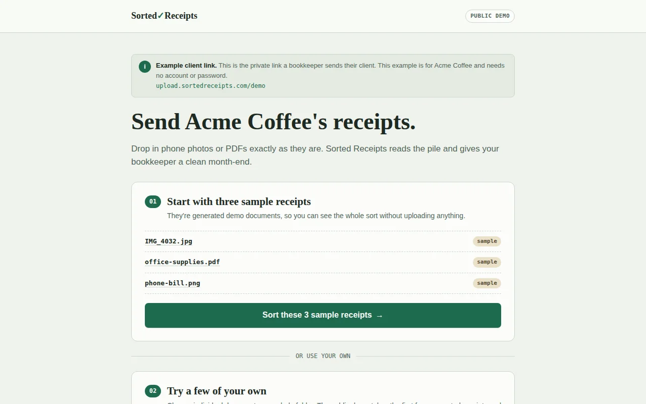 Sorted Receipts - clients dump receipts in one link, LLM sorts them