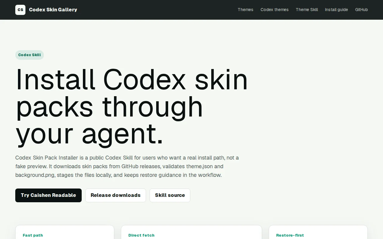 Public-safe skin packs for the Codex desktop app