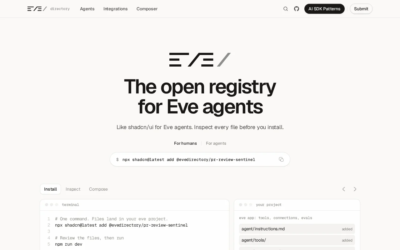 Eve Directory – Shadcn-installable Eve agent registry
