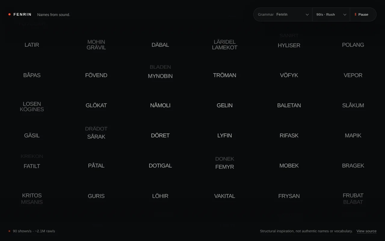 Fenrin – fast fictional names generation from phonological rules