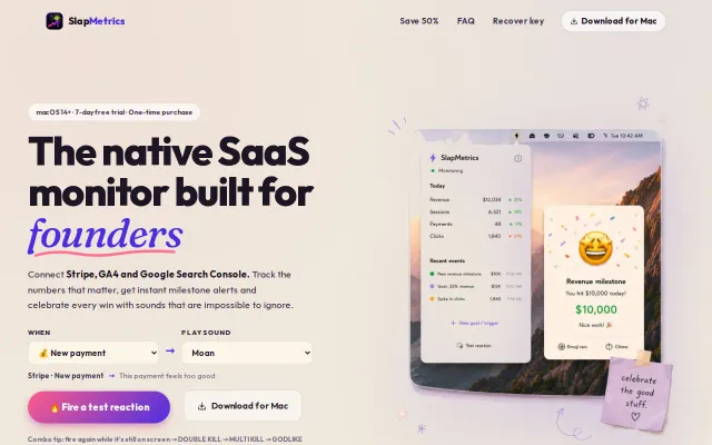 SlapMetrics – Mac menu bar app that monitors Stripe/GA4 metrics
