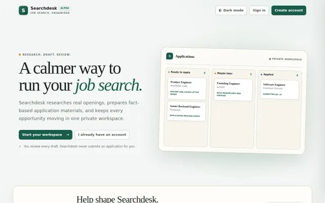 Searchdesk, AI powered job search that tailors resume and cover letter