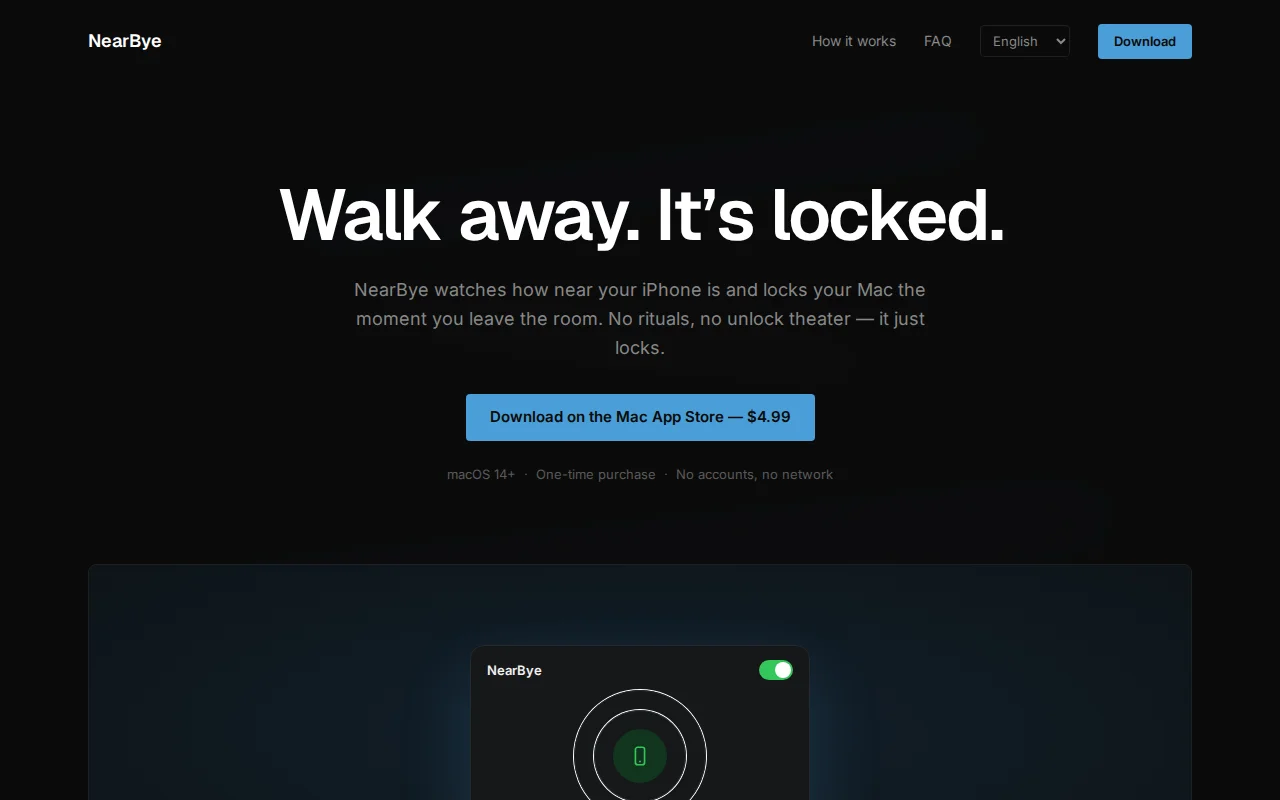 NearBye – macOS locks itself when your iPhone leaves the room