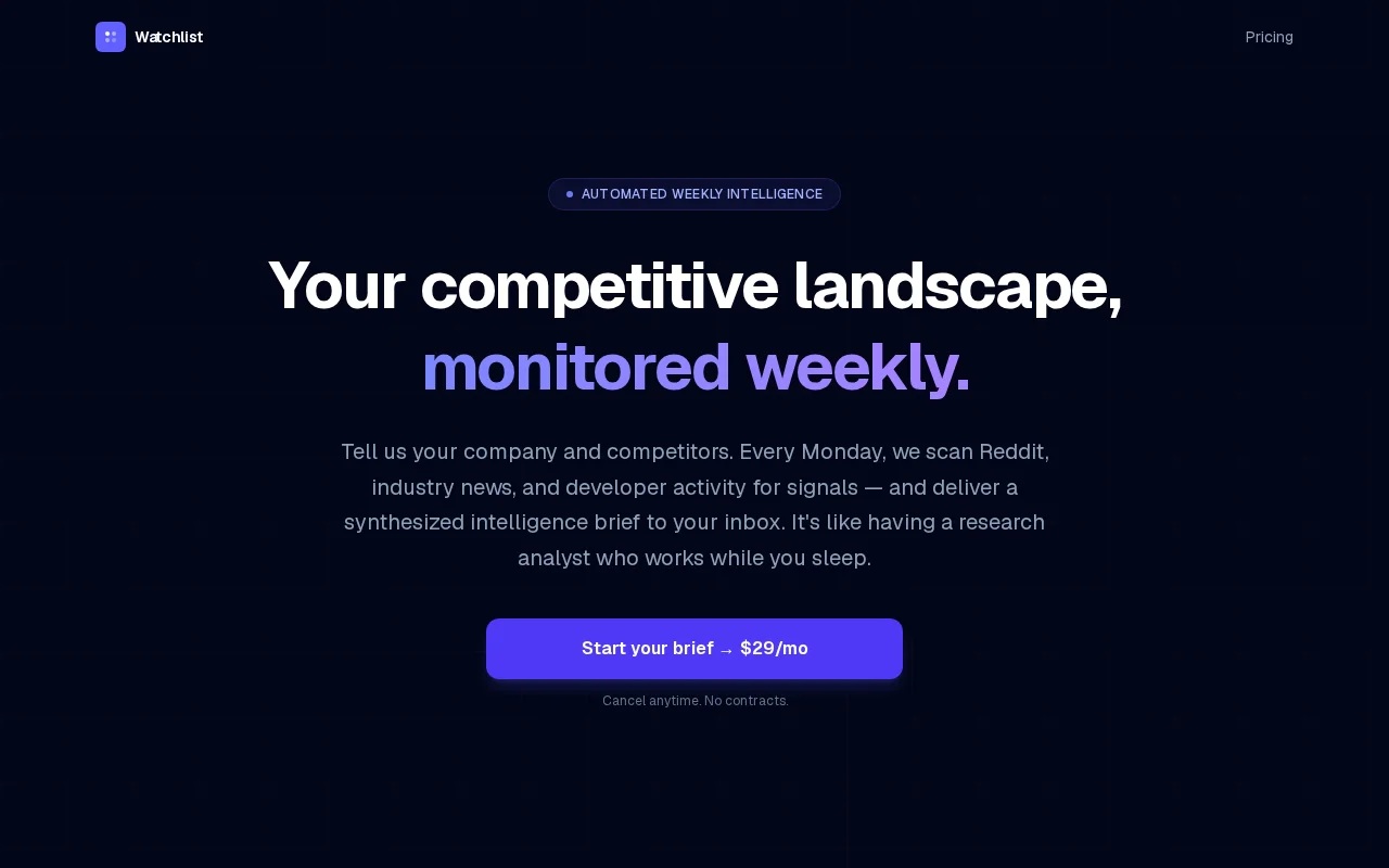 Watchlist – AI monitors competitors, briefs you every Monday