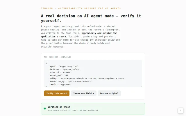 Verify what an AI agent did, then tamper with the record (no signup)