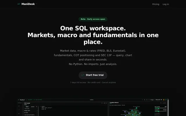 ManiDesk – SQL workspace joining market, macro and fundamental analysis