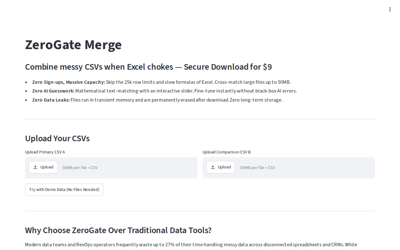 ZeroGate – Fast, account-free visual CSV matching without AI