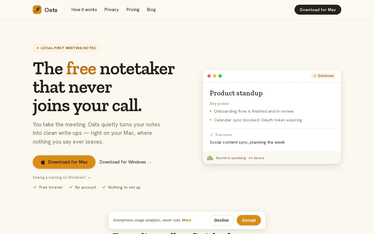 100% Free, private meeting notes that never leave your Mac