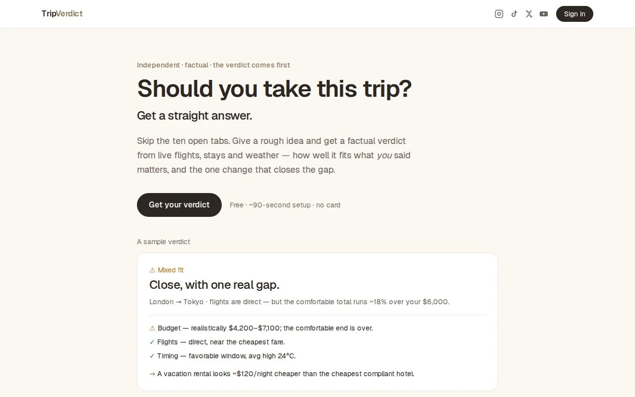 TripVerdict, in 90 SEC know whether your next trip fits the budget