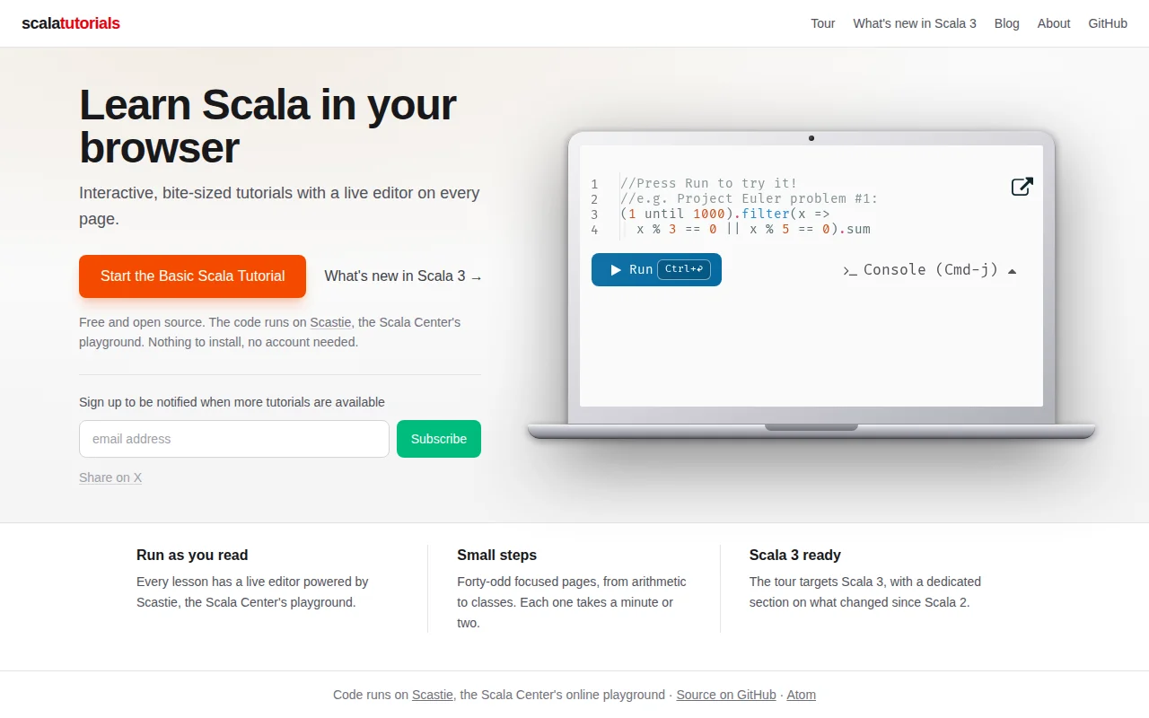 Scala Tutorials – interactive Scala 3 lessons in the browser