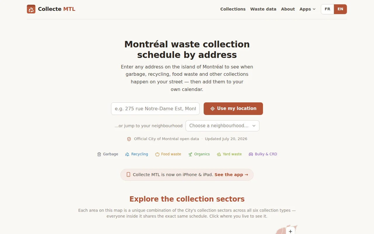 Collecte MTL – Montreal waste collection schedules (web and iOS)