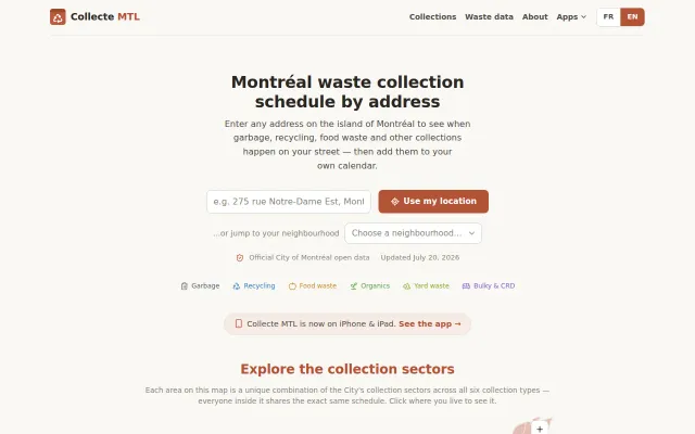 Collecte MTL – Montreal waste collection schedules (web and iOS)