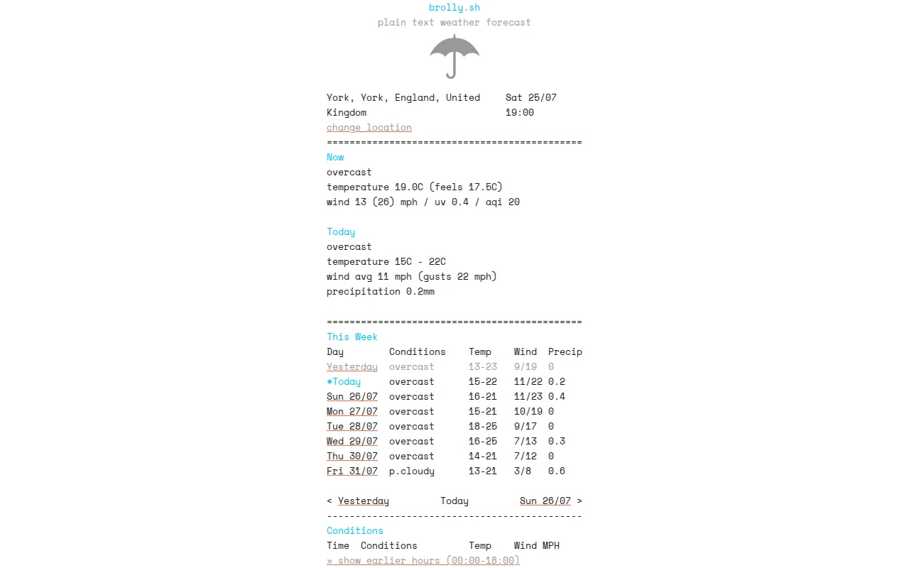 Brolly, a plain-text weather forecast site