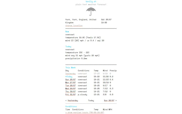 Brolly, a plain-text weather forecast site
