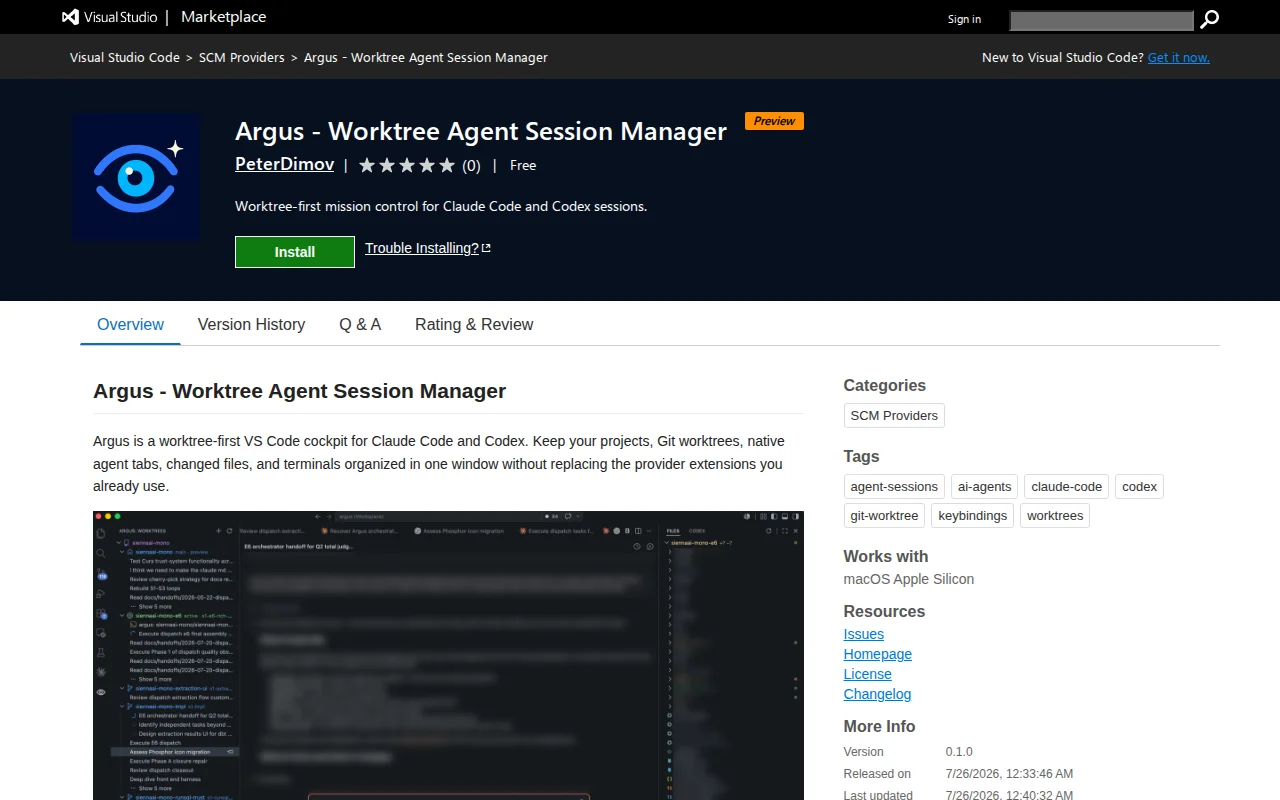 Argus – VSCode Worktree Agent Session Manager