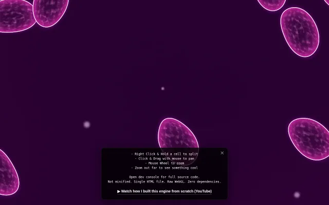 Organic cell simulation with infinite zoom (100k cells, raw WebGL)
