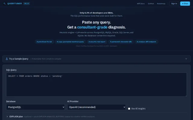 QueryTuner – SQL diagnostics across 5 DBs, no database connection