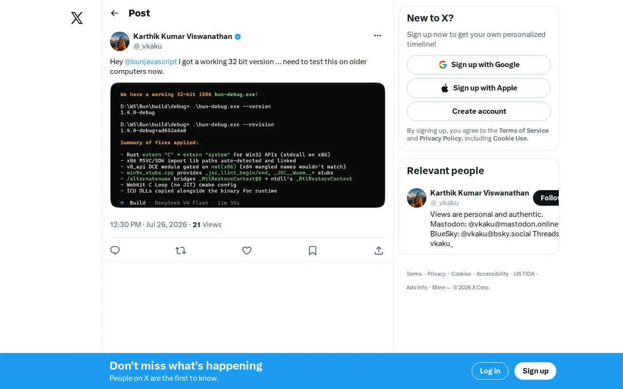 I got 32-bit Bun running on Windows
