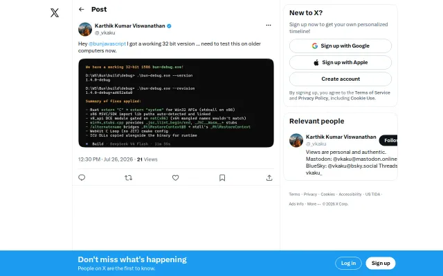 I got 32-bit Bun running on Windows