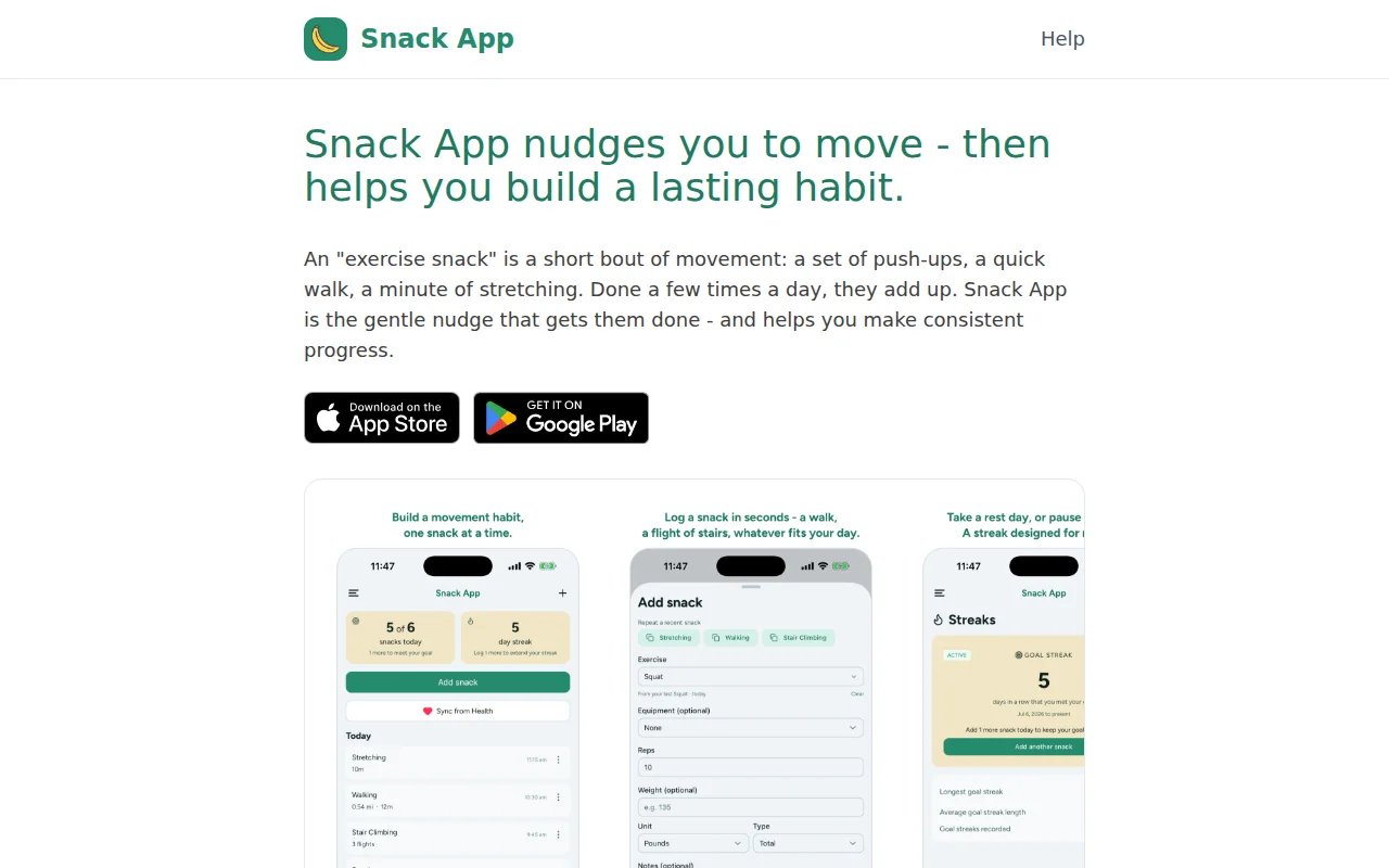 Exercise snack reminders for iOS/Android, no server, one-time purchase