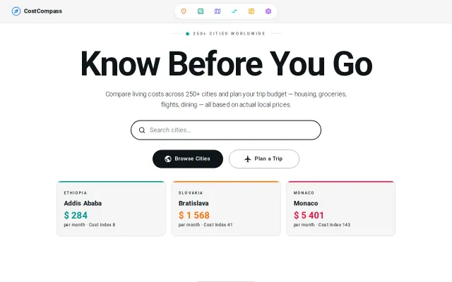 CostCompass – cost-of-living data from local scrapers, not crowdsourced