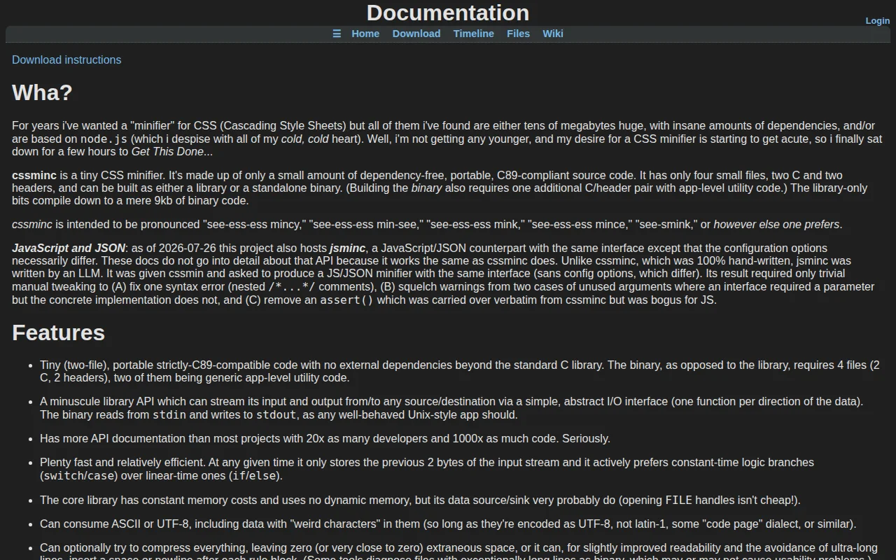 JavaScript/JSON and CSS minifier lib in minimal C89