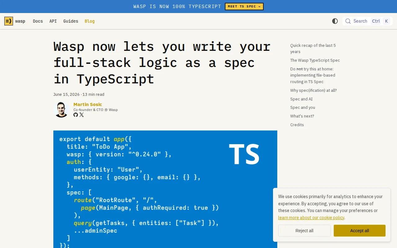 Wasp, a full-stack web framework, replaces its DSL with TypeScript