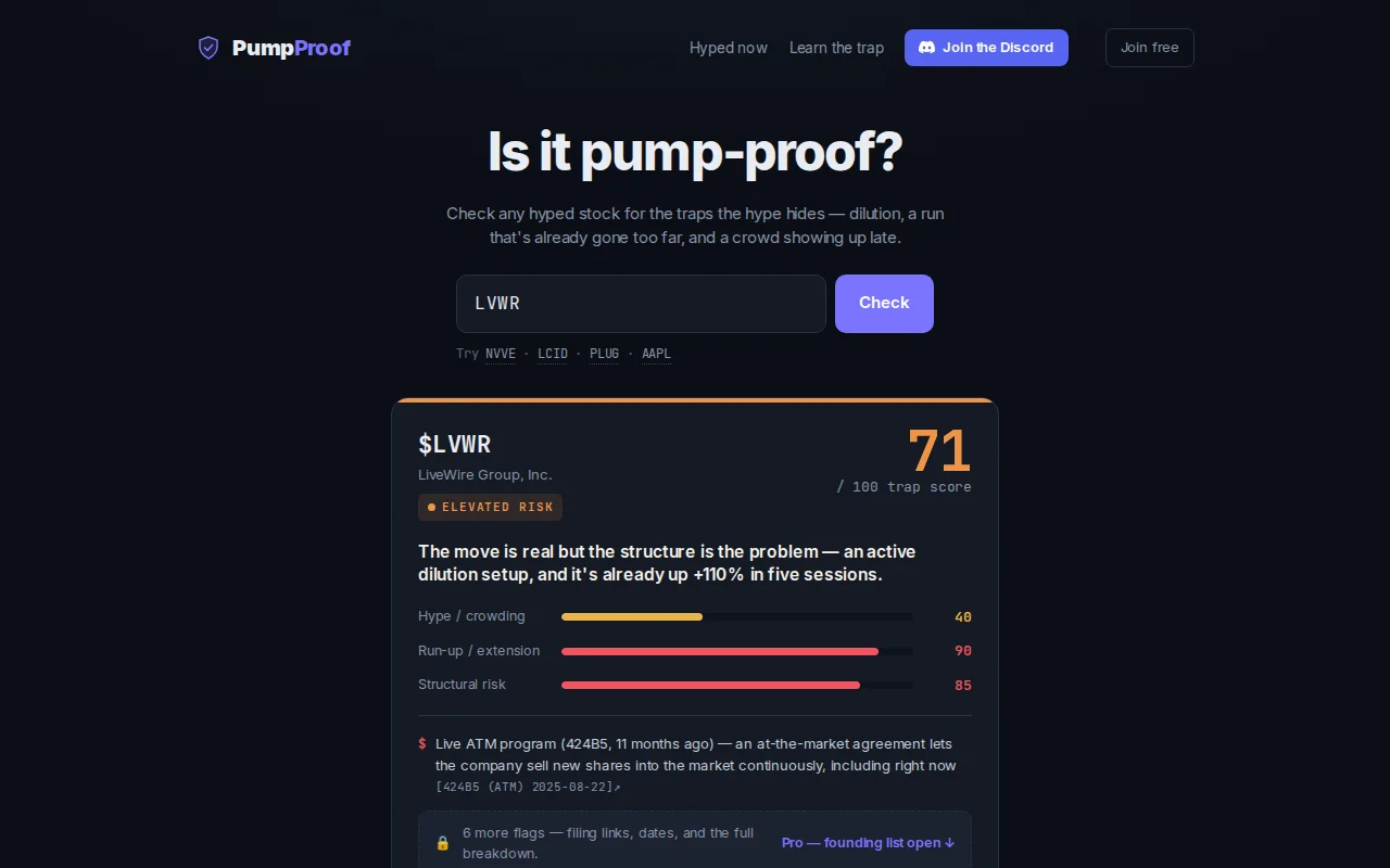 PumpProof – Scores a hyped stock's dilution risk from its SEC filings