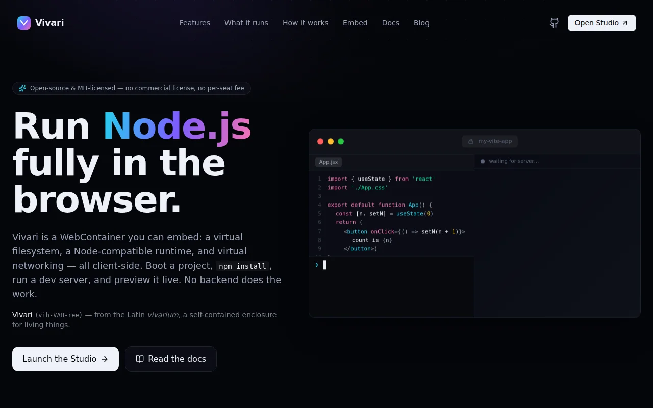 Vivari – Open-Source WebContainer for Node, Bun, and Python