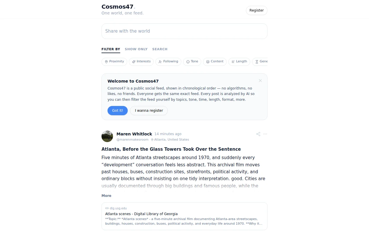 Cosmos47, a public chronological feed without algorithms