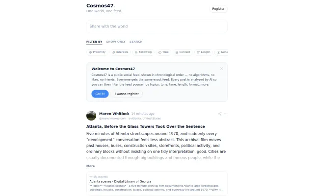 Cosmos47, a public chronological feed without algorithms