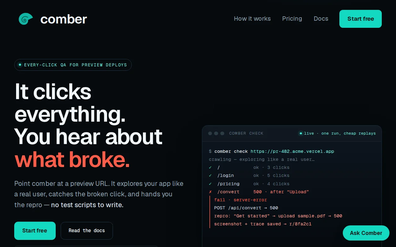 Comber explores your app once, then replays QA checks deterministically