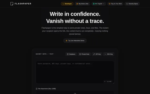 Flashpaper – Self-destructing secret sharing with no database