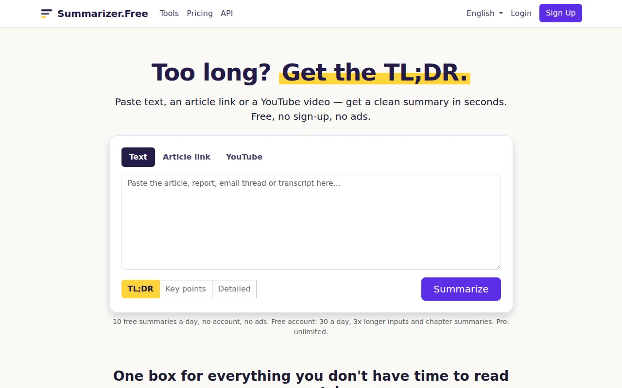 Summarizer.Free – Too Long? Get the TL;DR