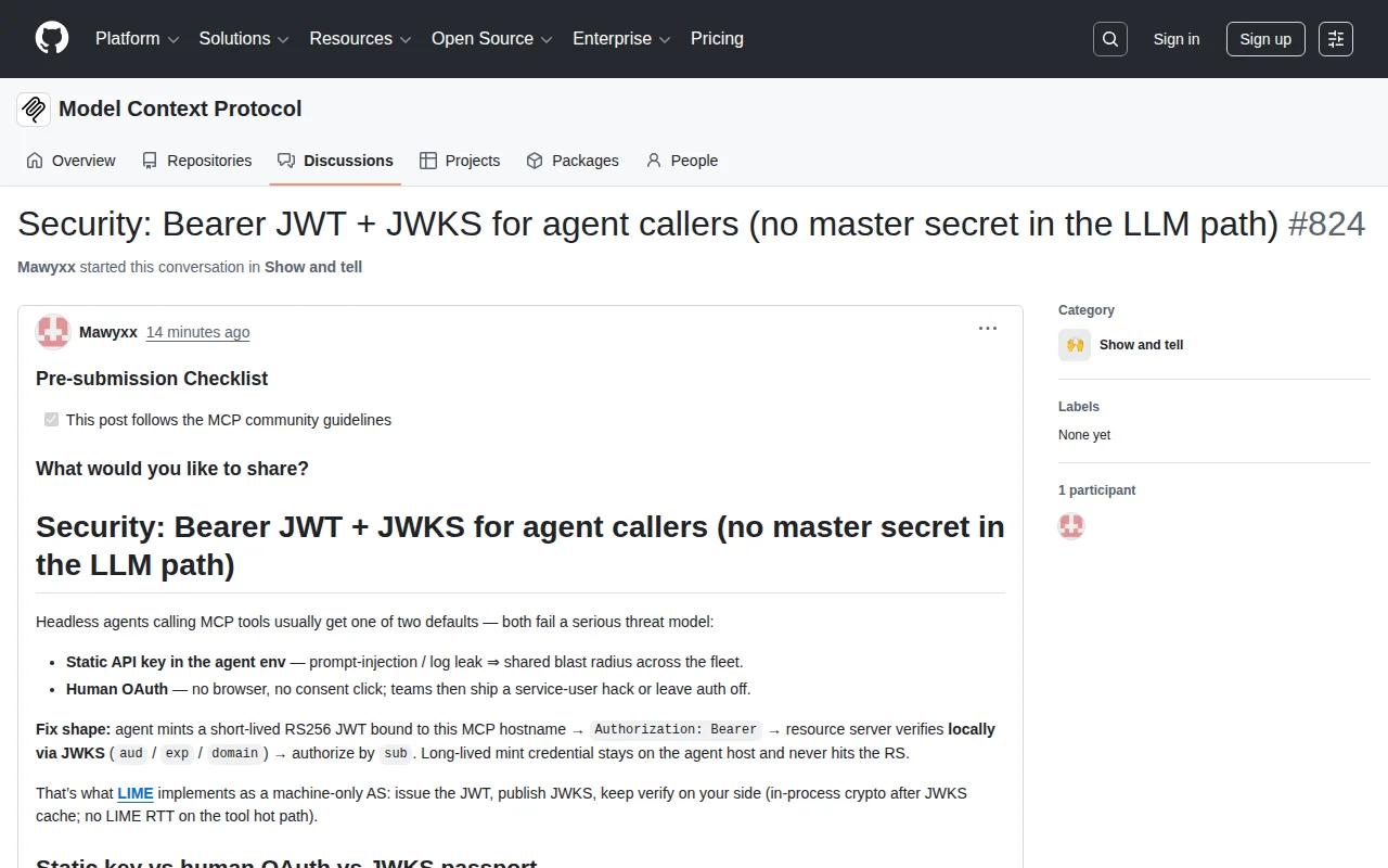 Secure Bearer JWT and JWKS pattern for headless AI agents (MCP #824)