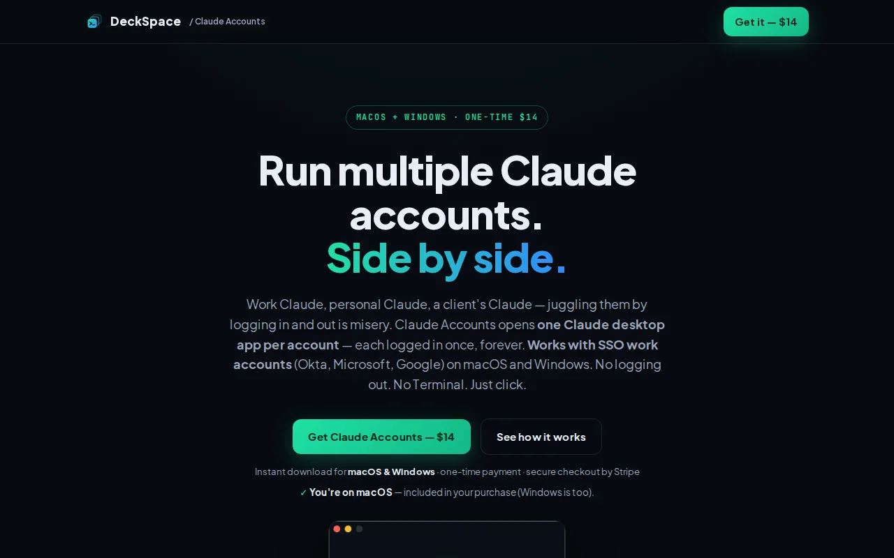 Run multiple Claude desktop accounts in isolated windows (Mac/Windows)
