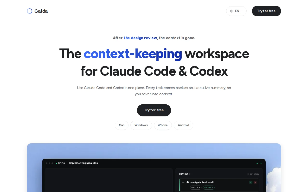Galda – Come back to Claude Code/Codex without digging through Git
