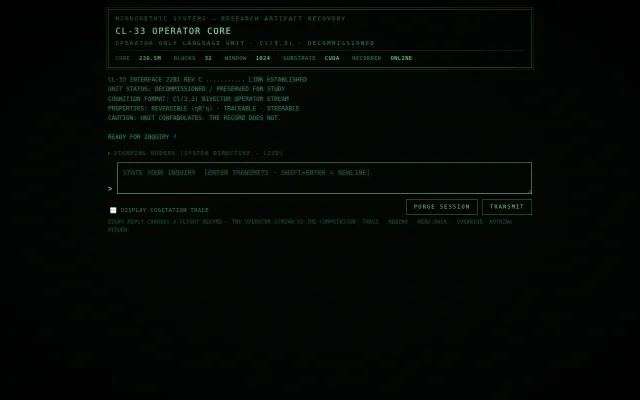 Cl33-opLM, a 236M language model with a reversible operator bottleneck