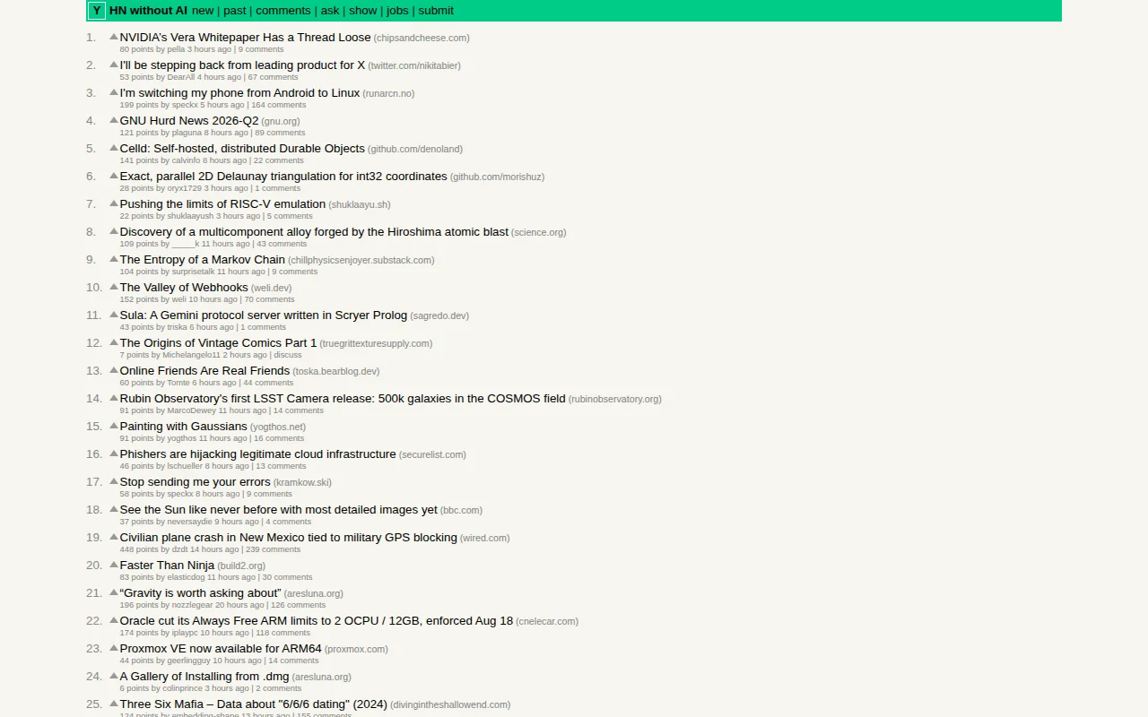 Hacker News with reduced priority for AI driven content