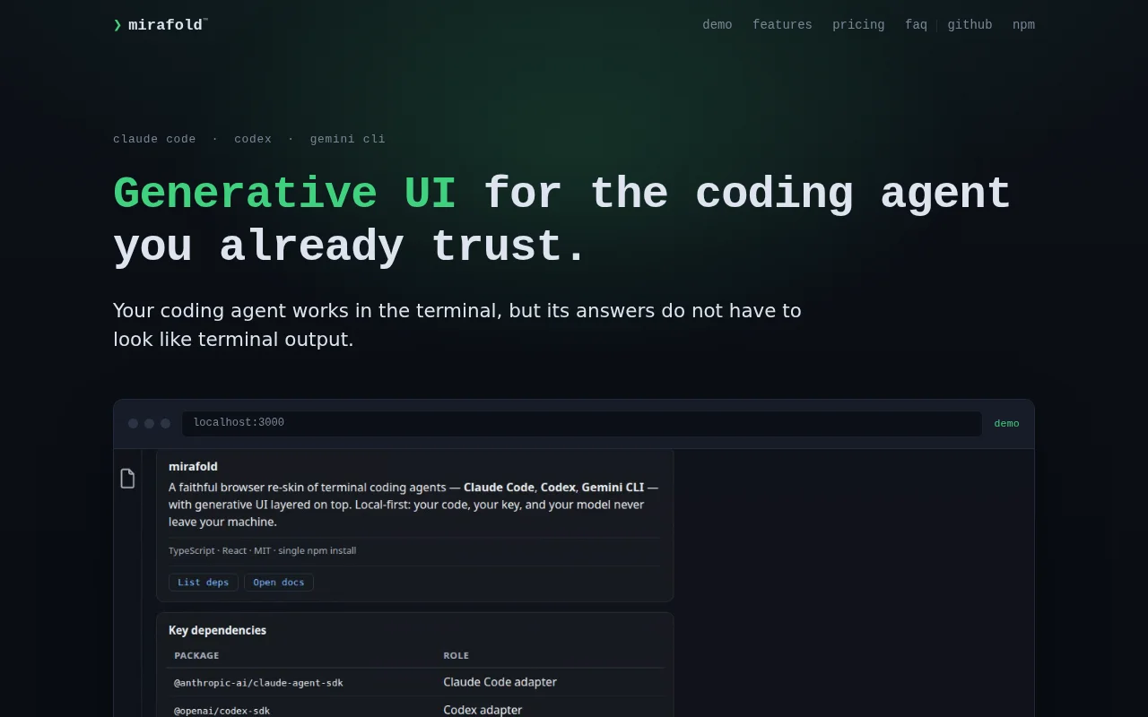Mirafold – Generative UI for Claude Code, Codex, and Gemini CLI